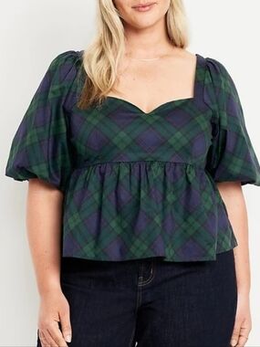 XL • Old Navy • Green and Navy Plaid Puff-Sleeve Peplum Top